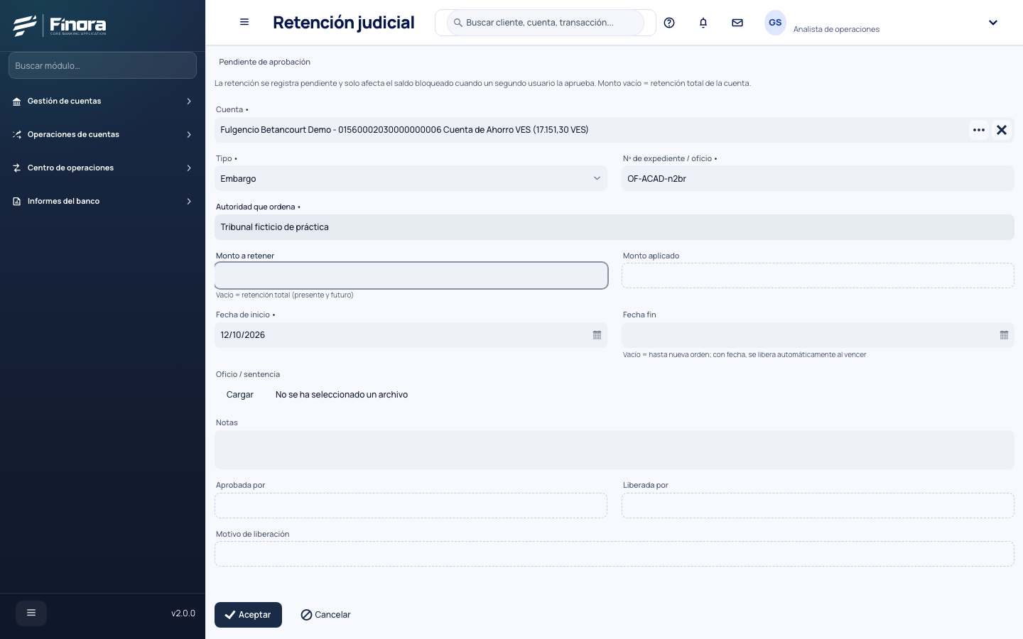 Formulario de retención con la cuenta y el número de oficio ficticio