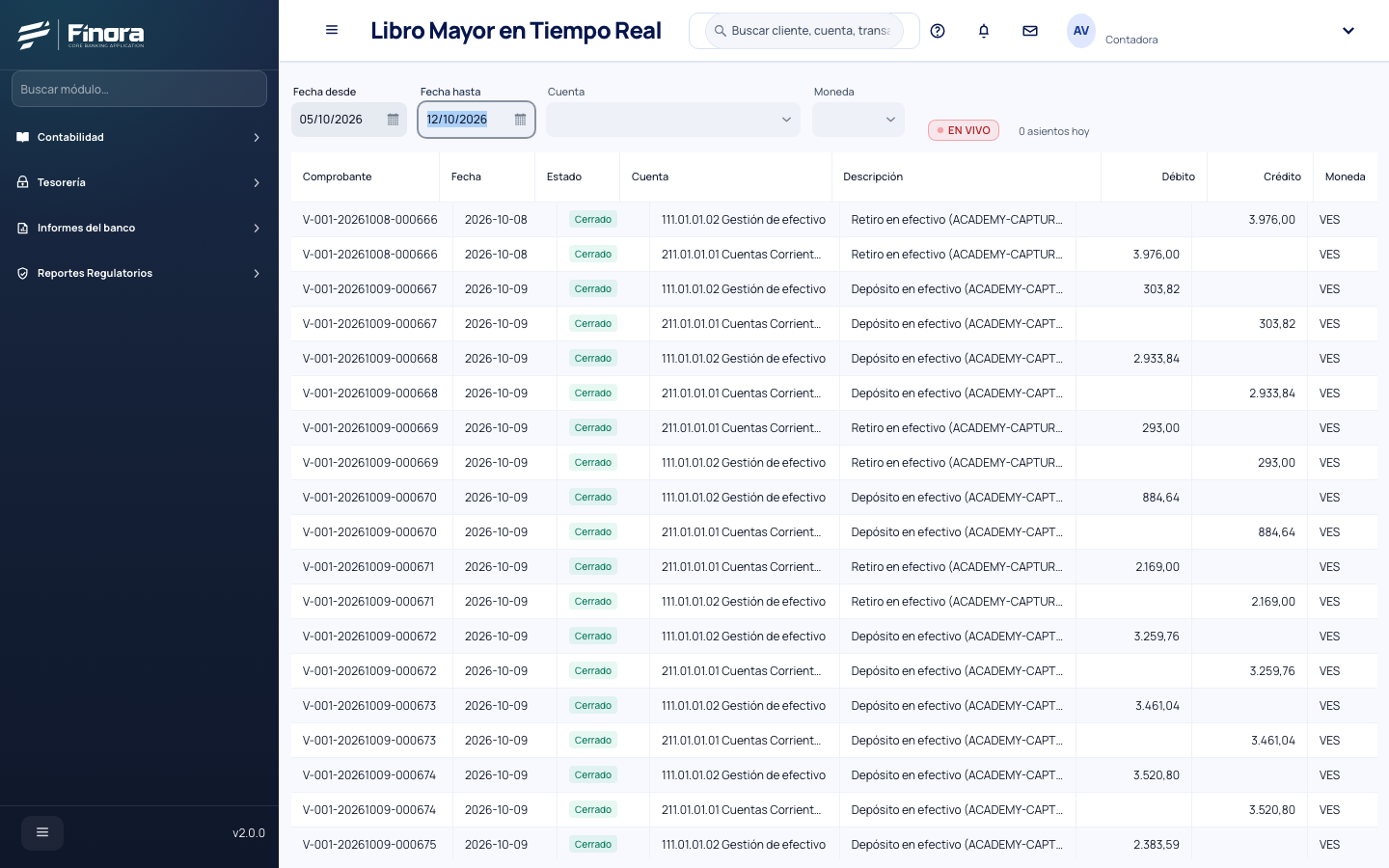 Libro mayor en vivo con los asientos más recientes