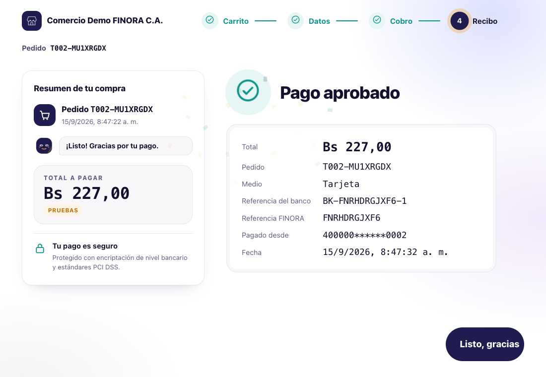 Checkout modo inmersivo: resultado aprobado